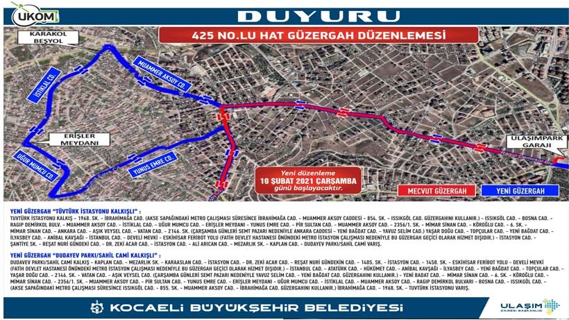 425 No.lu hatta güzergah değişikliği