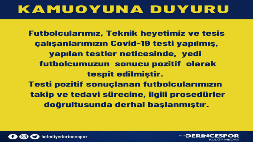 Derincesporda 7 futbolcu pozitif çıktı